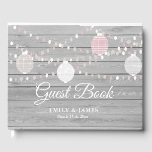 Rustic grey wood string lights wedding guest book