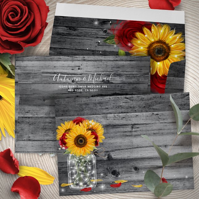 Rustic Grey Wood Sunflower and Red Rose Wedding Envelope (Personalize your own sunflower and red rose wedding return address envelopes with rustic gray wood.)