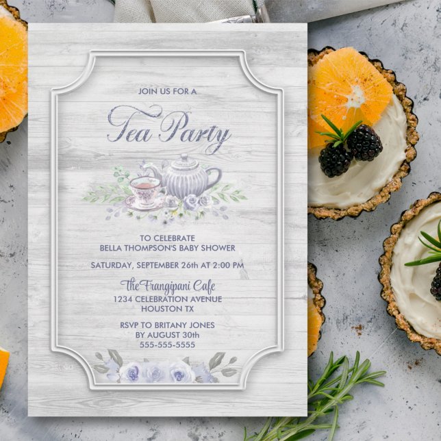 Rustic Grey Wood Tea Party Baby Shower Invitation (Creator Uploaded)