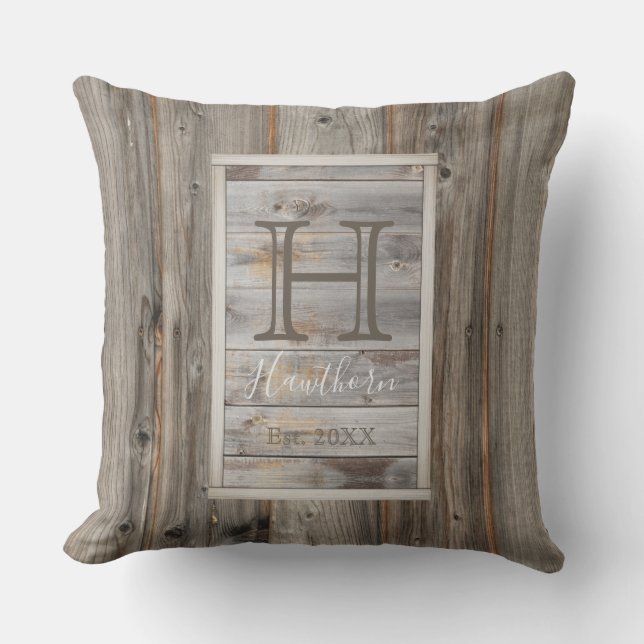Rustic Grey Wood Tone Monogram Rectangle Cushion (Front)