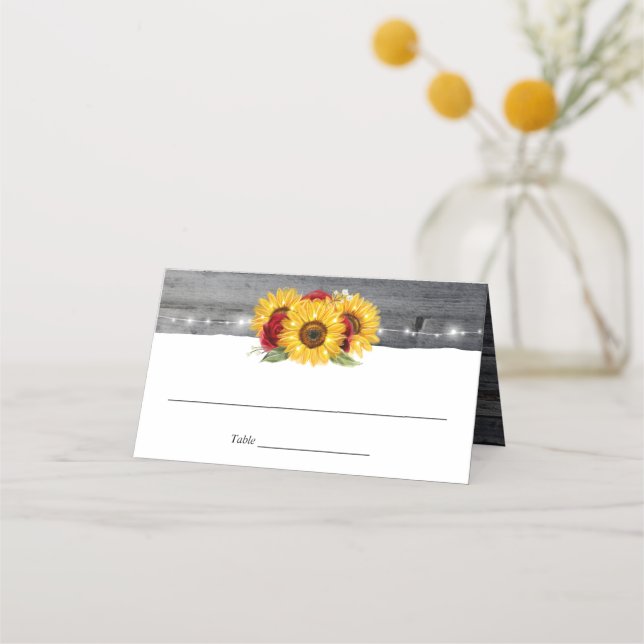 Rustic Grey Wood Watercolor Rose Sunflower Wedding Place Card (Front)