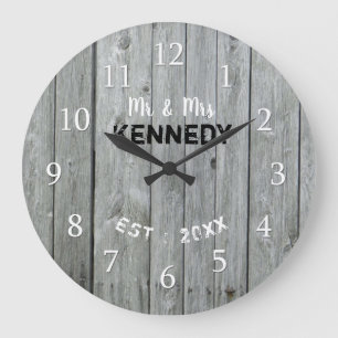 Rustic Grey Wood Wedding Anniversary Large Clock
