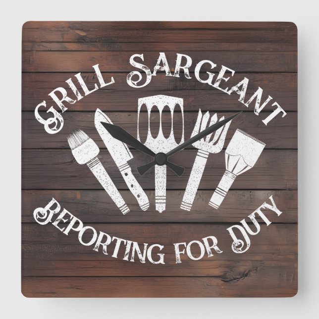 Rustic ‘ 'Grill Sargeant’ – Funny BBQ Gift Square Wall Clock (Front)