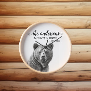 Rustic Grizzly Bear Cabin Decor Monogram  Clock