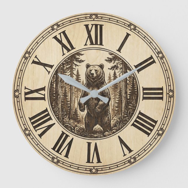 Rustic Grizzly Bear Wall Clock | Wood Style  (Front)
