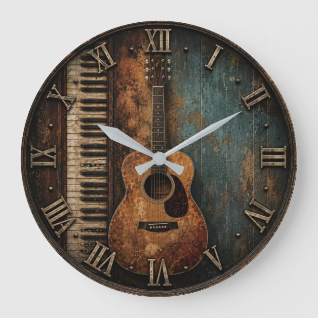 Rustic Guitar & Piano Music Large Clock (Front)