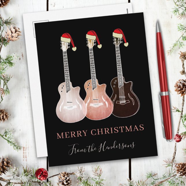 Rustic guitars merry christmas Personalised Holiday Postcard (Personalized Guitars wearing Santa hats  christmas budget holiday greetings postcard)