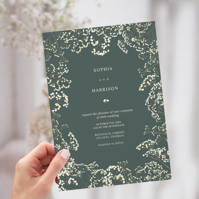 Rustic Gypsophila Peacock Green Fall Wedding Invitation (Creator Uploaded)