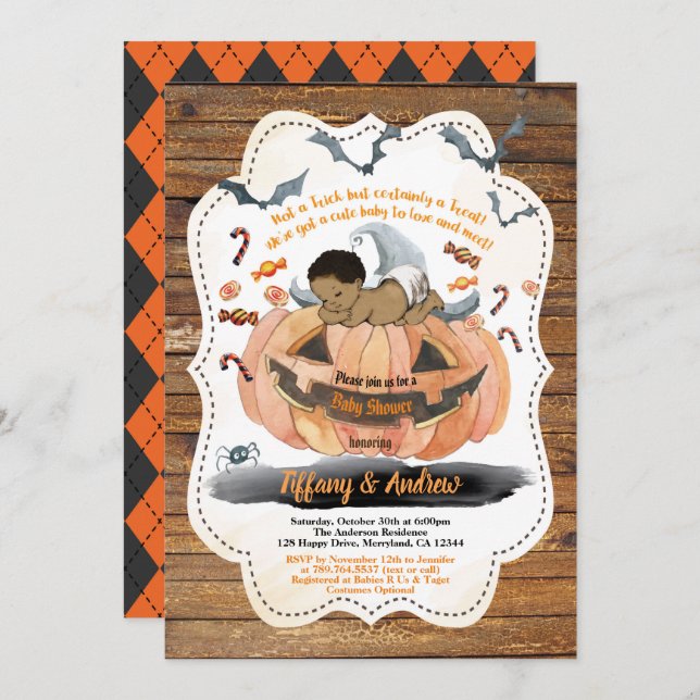 Rustic Halloween baby boy shower pumpkin spooky Invitation (Front/Back)