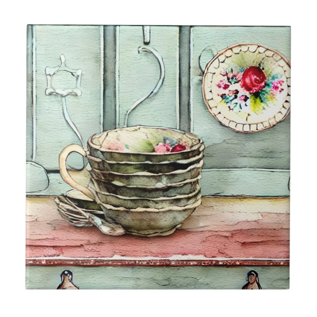 Rustic hand craft cool illustration of dish Retro Tile (Front)