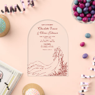 Rustic Hand Drawn Couple Burgundy Wedding Acrylic Invitations