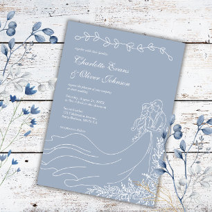 Rustic Hand Drawn Couple Dusty Blue Wedding  Invitation