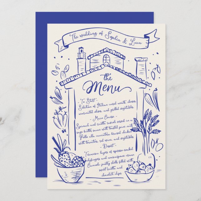 Rustic Hand Drawn Italian Wedding Menu Blue Cream (Front/Back)