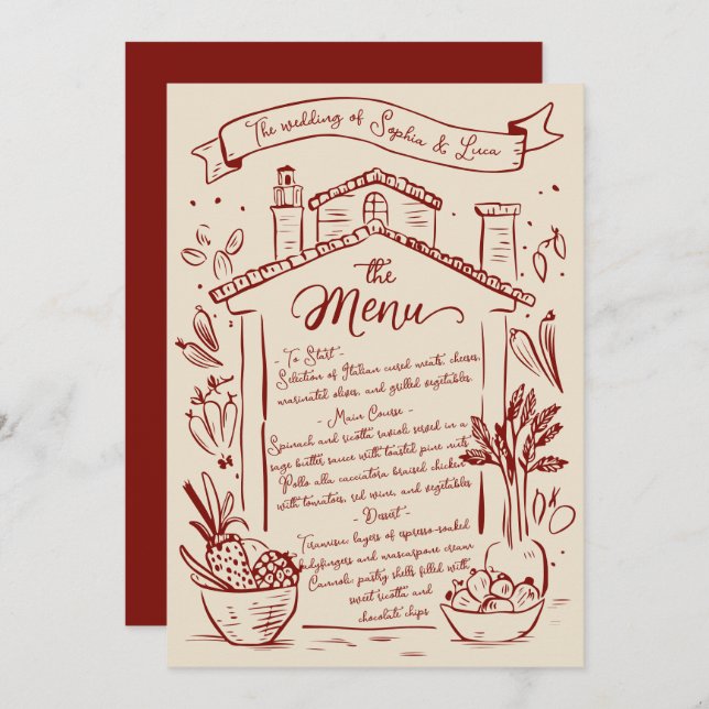 Rustic Hand Drawn Italian Wedding Menu Red Cream (Front/Back)