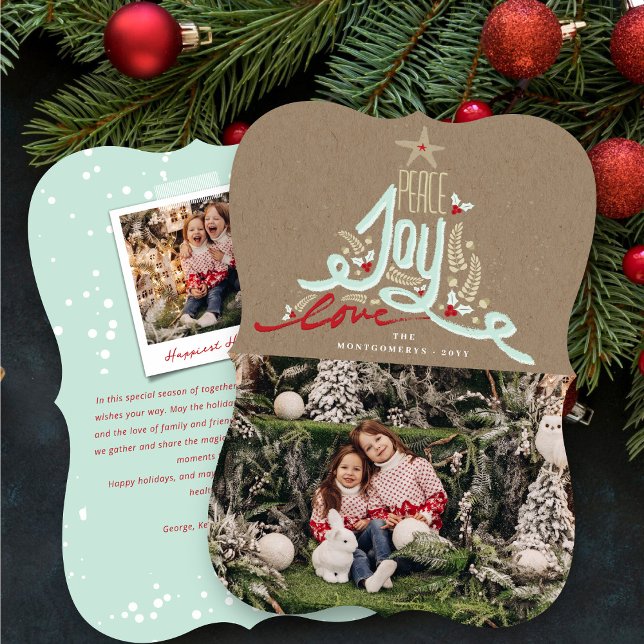 Rustic Hand Drawn Peace Joy Love Typography Photo Holiday Card (Creator Uploaded)