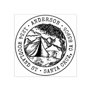 Rustic Hand-drawn Tent Round Return Address Rubber Stamp