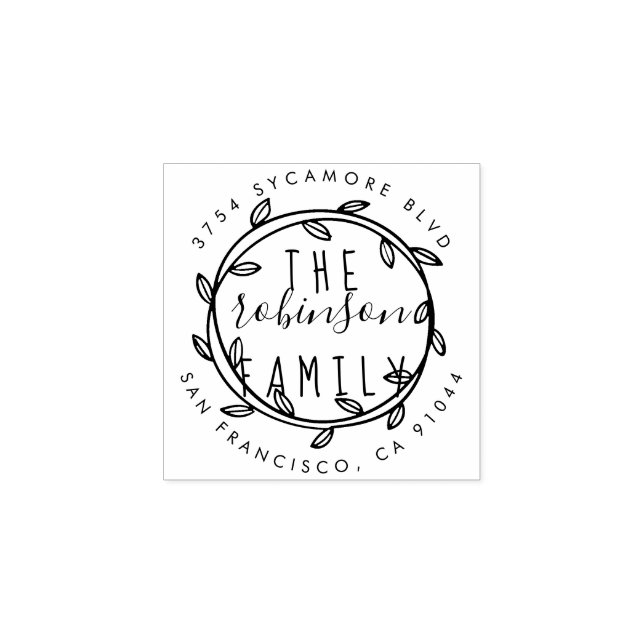 Rustic Hand Drawn Wreath Family Return Address Rubber Stamp (Imprint)