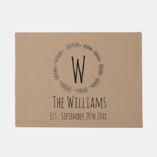 Rustic Hand Drawn Wreath With Monogram Welcome Doormat