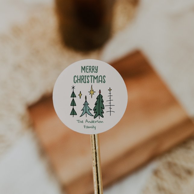 Rustic Hand Painted Green Abstract Christmas Trees Classic Round Sticker (Creator Uploaded)
