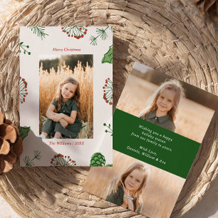Rustic HandDrawn Mistletoe Pine Christmas 3 Photo Holiday Card