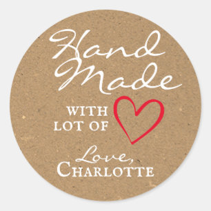 Rustic Handmade with Love Red Heart Kraft Paper Classic Round Sticker