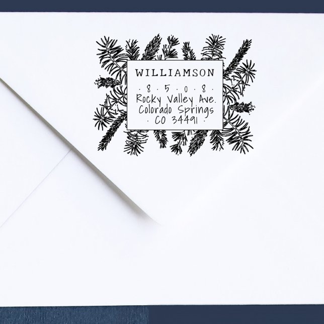 Rustic Handwriting Pine Needles Return Address Rubber Stamp (Rustic Pine Branches Handwritten Return Address Holiday Stamp)