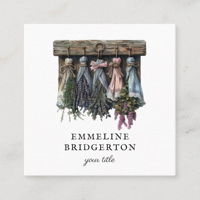 Rustic Hanging Dried Flowers Square Business Card (Front)