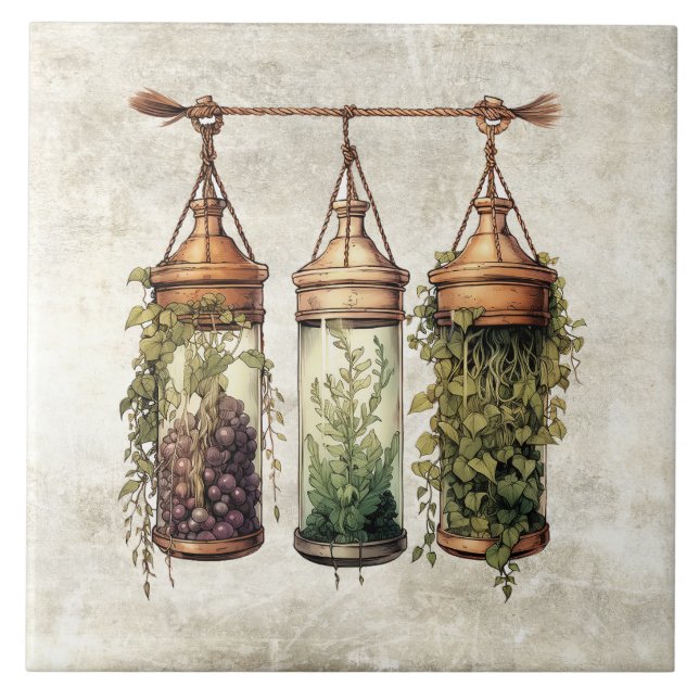 Rustic Hanging Herbs Grapes Watercolors Tile (Front)