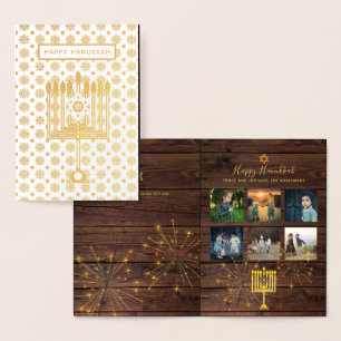 Rustic Hanukkah Photo Collage Real Gold Foil Card