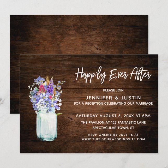 Rustic Happily Ever After Wildflowers in Mason Jar Invitation (Front/Back)