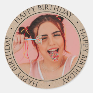 Rustic Happy Birthday Modern Simple Custom Photo  Classic Round Sticker