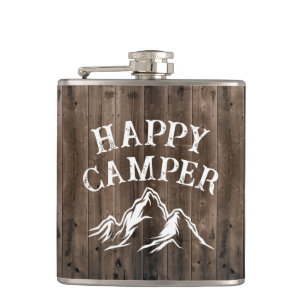 Rustic Happy Camper Adventure Camping Barn Wood Hip Flask