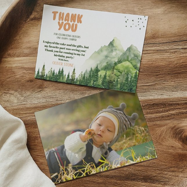 Rustic Happy Camper First Birthday Photo Back Thank You Card (Creator Uploaded)