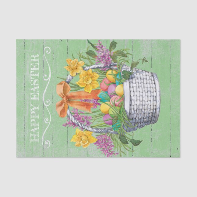 Rustic Happy Easter Basket of Flowers Eggs Tissue Paper (Front)