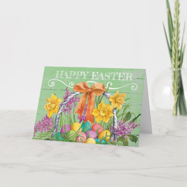 Rustic Happy Easter Floral Basket with Eggs Holiday Card (Front)
