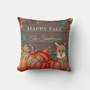 Rustic Happy Fall Orange Pumpkin Fall Fox Wood Thr Cushion