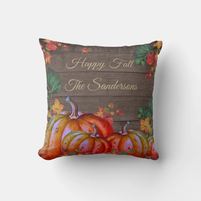 Rustic Happy Fall Orange Pumpkin Fall Leaves Wood Cushion (Front)