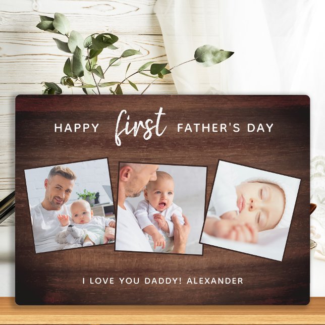 Rustic Happy First Father's Day Wooden 3 Photo Plaque (Creator Uploaded)