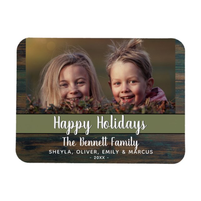 Rustic Happy Holiday Script Custom Family Photo Magnet (Horizontal)