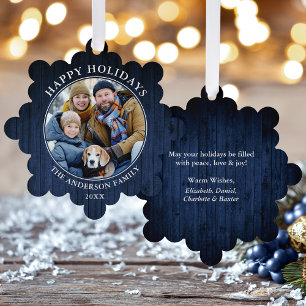Rustic Happy Holidays Blue Wood Print Tree Decoration Card