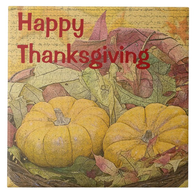 Rustic Happy Thanksgiving Autumn Leaves Gourds Tile (Front)