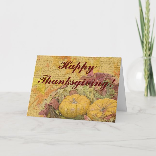 Rustic Happy Thanksgiving Fall Leaves Gourds Holiday Card (Front)