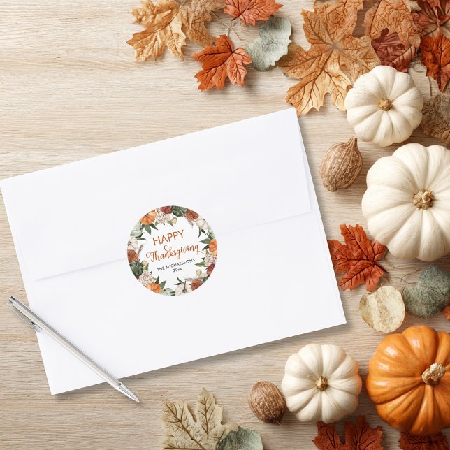 Rustic Happy Thanksgiving Pumpkin Classic Round Sticker (Rustic Happy Thanksgiving Pumpkin Classic Round Sticker)