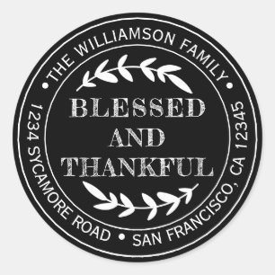 Rustic Happy Thanksgiving Return Address Black Classic Round Sticker