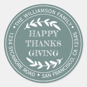 Rustic Happy Thanksgiving Return Address Green Classic Round Sticker