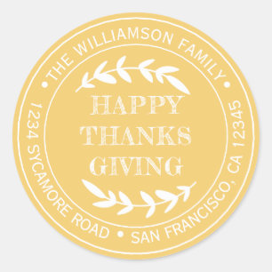 Rustic Happy Thanksgiving Return Address Yellow Classic Round Sticker