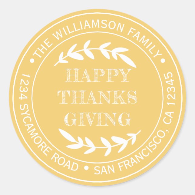 Rustic Happy Thanksgiving Return Address Yellow Classic Round Sticker (Front)
