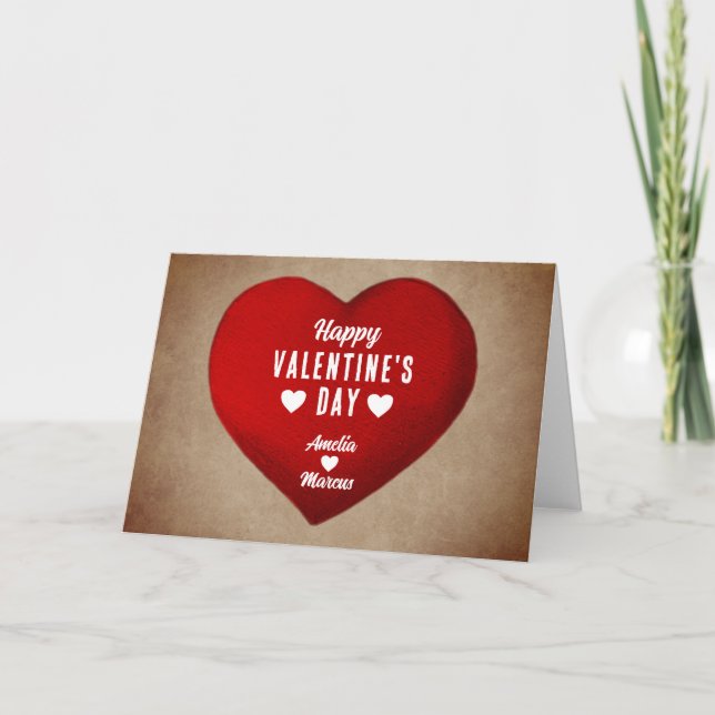 Rustic Happy Valentine's Day Red Heart  Holiday Card (Front)