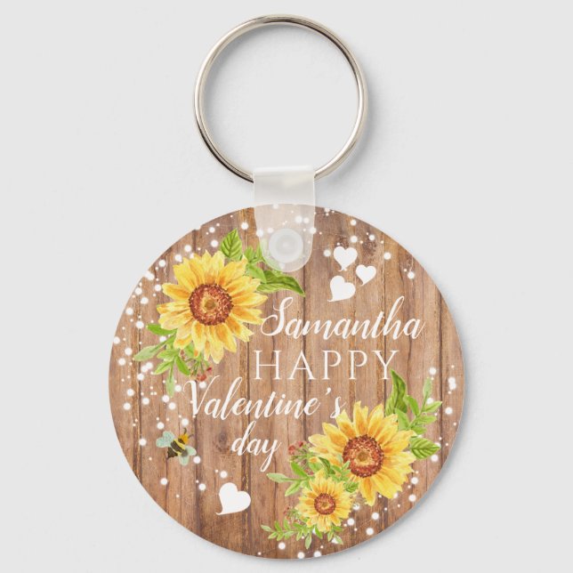 Rustic Happy Valentine's Floral Personalised Key Ring (Front)