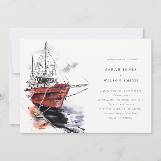 Rustic Harbour Yacht Sailboat Watercolor Wedding Invitation (Front)